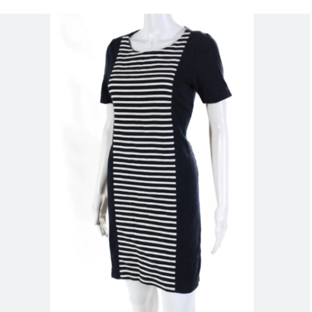 J Crew Above Knee Length Short Sleeve Dress, Size 10, Navy Blue White Stripes